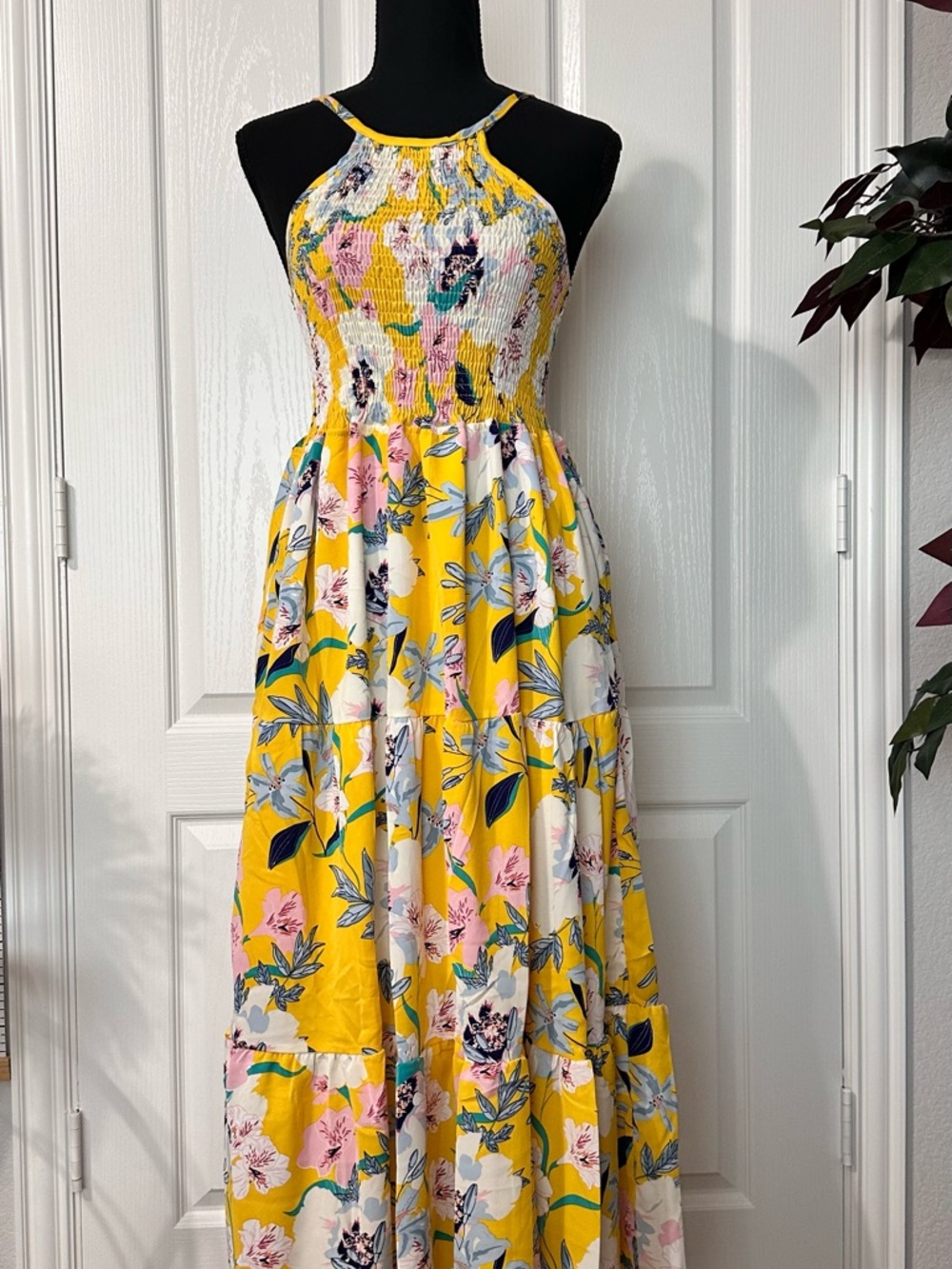 Floral Yellow Smocked Halter Maxi Dress Adjustable Strap,Length:112cm